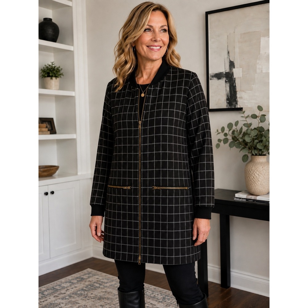 Chelsea & Theodore Women L Longline Windowpane Zip Jacket Cardigan Black